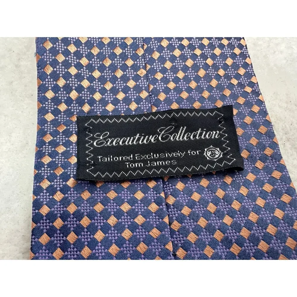 Tom James Executive Collection 100% Silk Tie Blue with Pink & Navy Squares